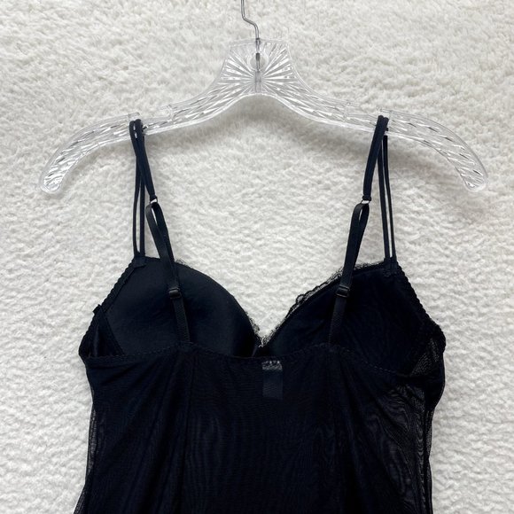 Black Chemise Slip Lingerie Womens M Medium Black Sheer Mesh Padded Embroidered - Picture 4 of 10